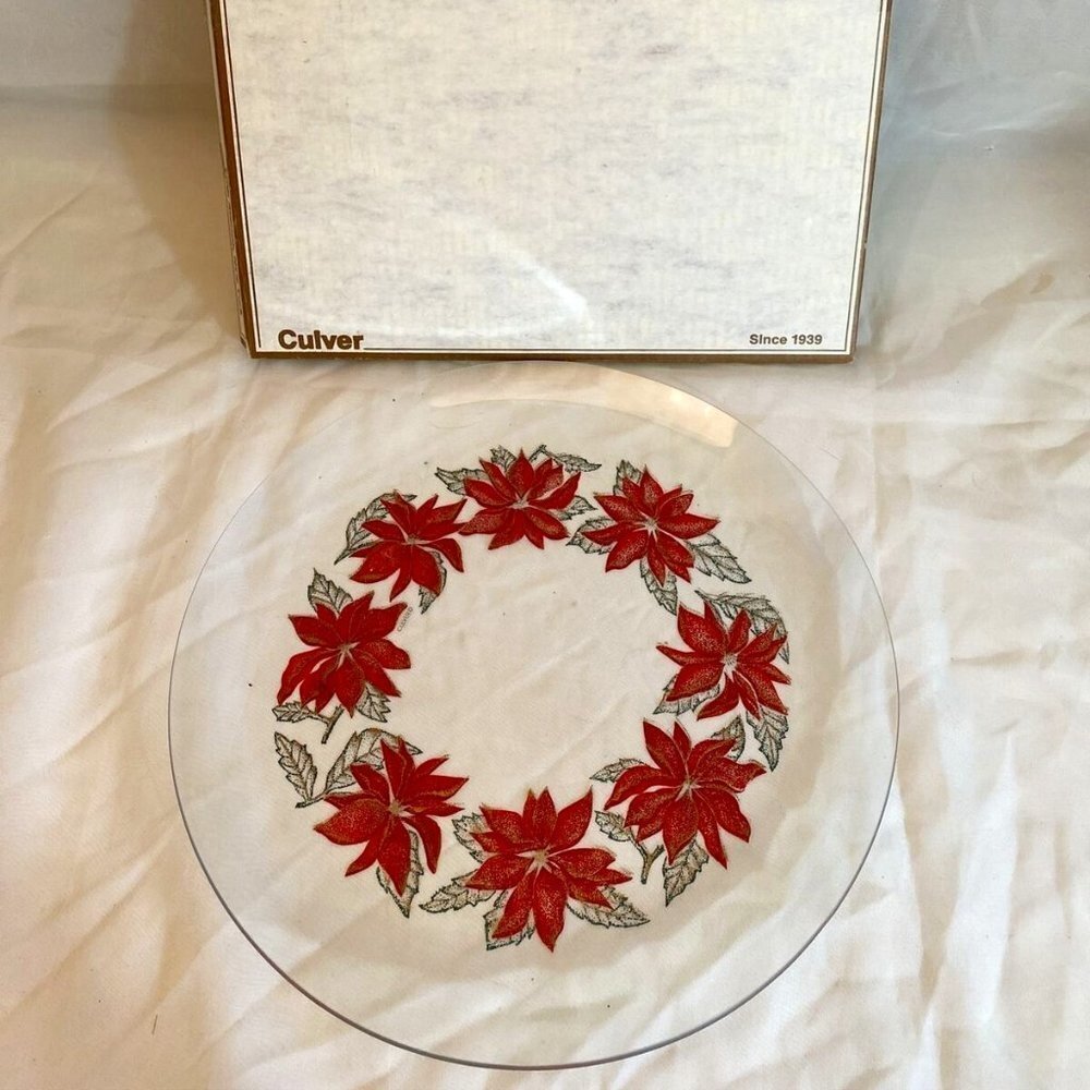 VTG 80s Culver Christmas‎ Tray Red Poinsettia Wreath 14" Glass Round Box MCM 70s